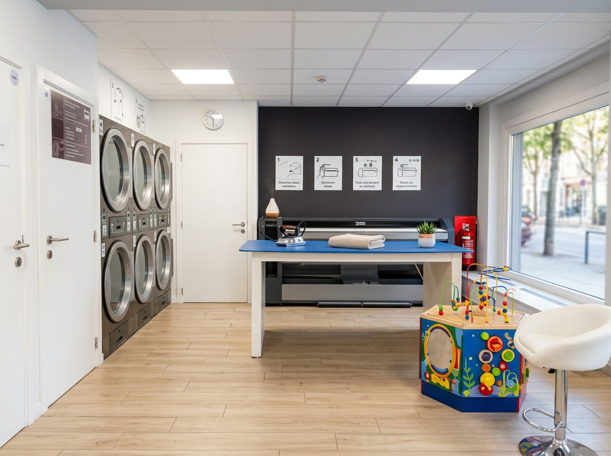 Interieur van een Wash Lavanet wasserette met wasmachines en strijktafel
